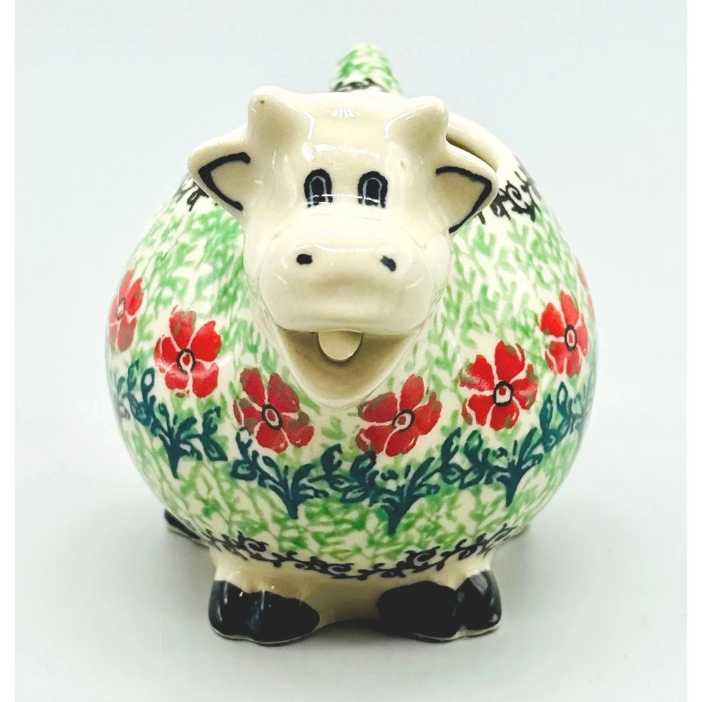 Ceramika Artystyczna Cow Creamer Red Flower Floral Polish Pottery